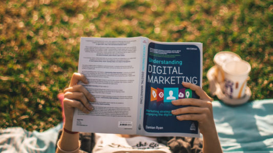 Someone lying outside on a blanket reading a book about digital marketing.