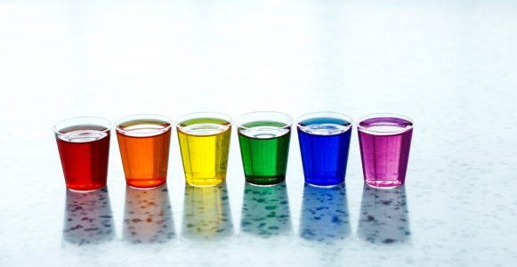 6 different coloured shots arranged in Pride flag order